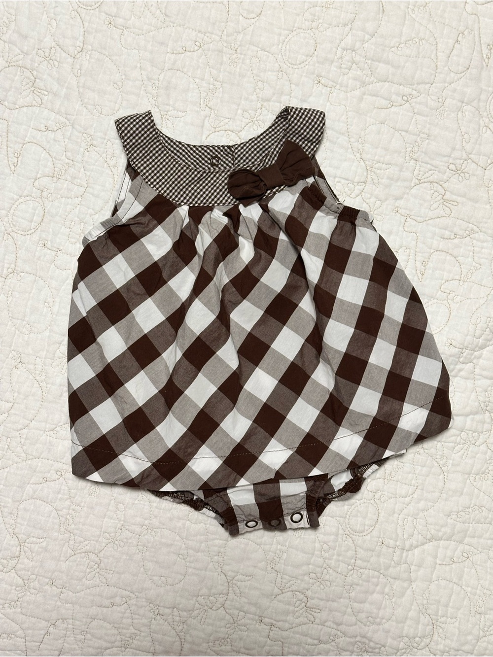 Carter's Brown and White Gingham Bubble Romper with Bow Collar